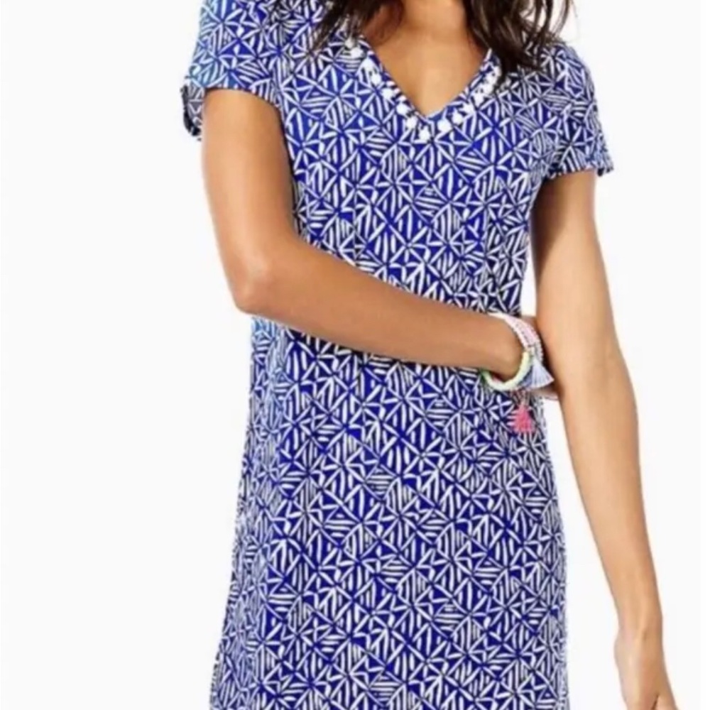 Lilly Pulitzer Etta Cotton V-Neck Dress Corsica Blue White Pompon Small NWOT